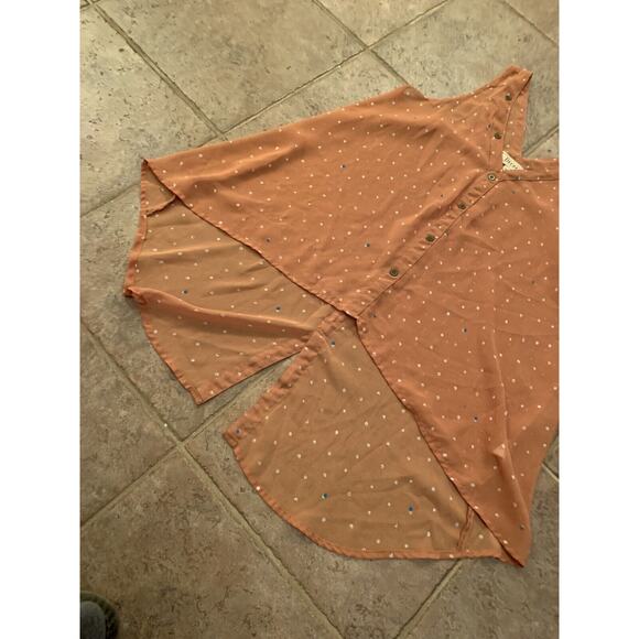 Decree Medium Sheer V Neck Hi Lo Tank Top Mustard Yellow Gold White Polka Dot - Picture 3 of 8